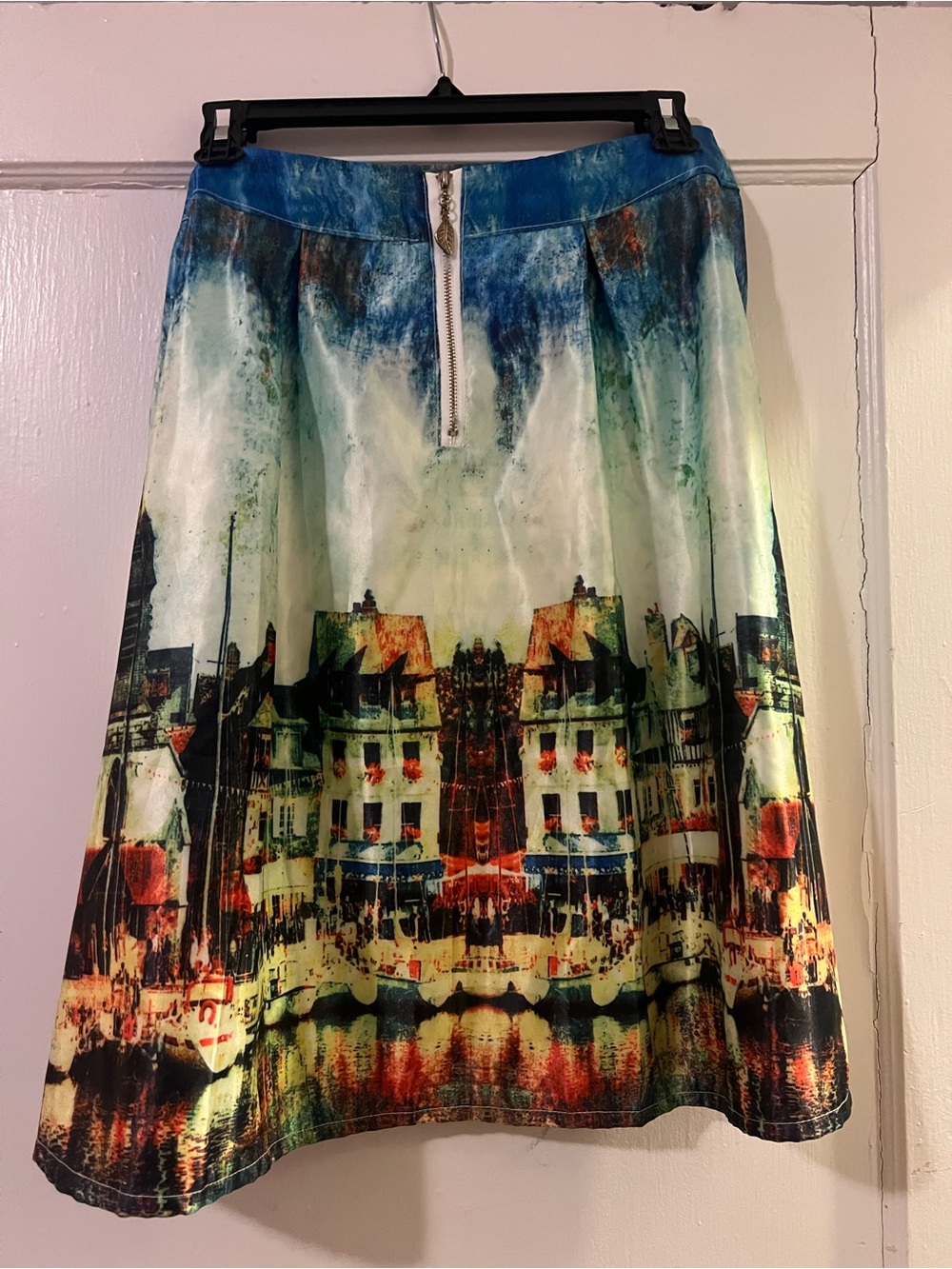 Artsy Women's Full A-Line Knee Length Skirt Multicolor City Graphic Print Zip - Picture 2 of 9